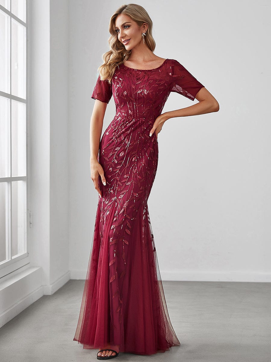 Floral Sequin Maxi Fishtail Tulle Prom Dress with Half Sleeve #Color_Burgundy