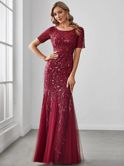 Floral Sequin Maxi Fishtail Tulle Prom Dress with Half Sleeve #Color_Burgundy