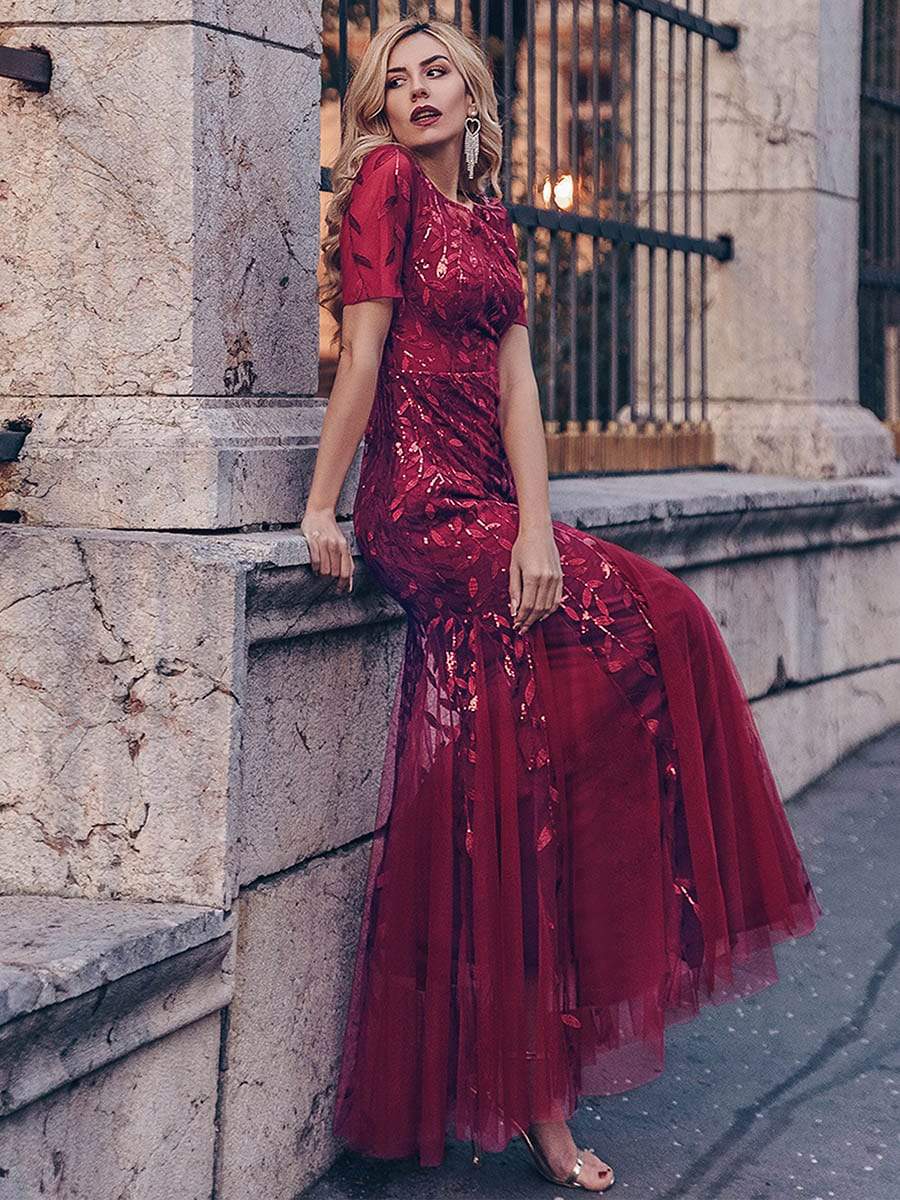 Floral Sequin Print Maxi Long Fishtail Tulle Dresses With Half Sleeve #Color_Burgundy