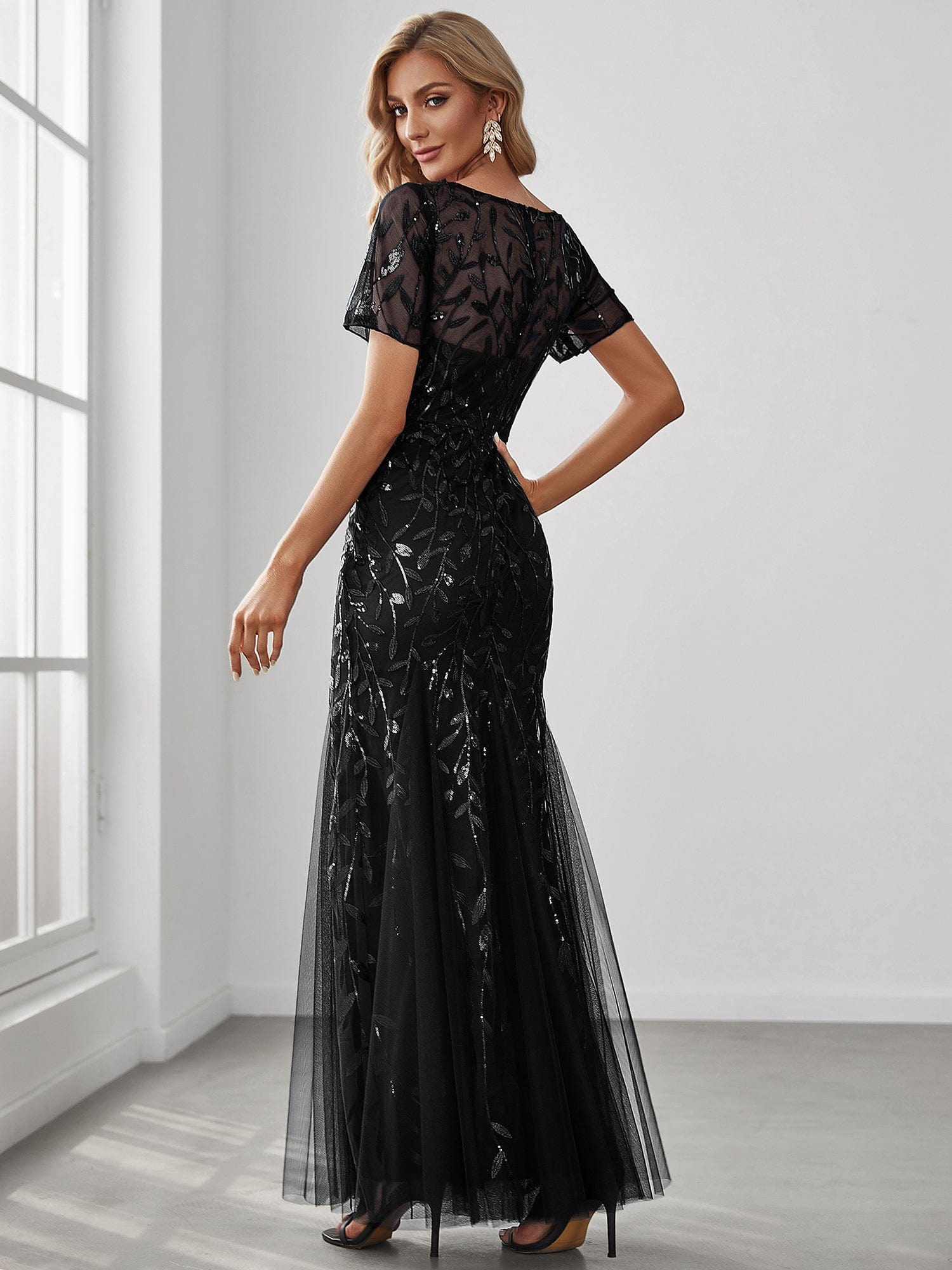 Floral Sequin Maxi Fishtail Tulle Prom Dress with Half Sleeve #Color_Black