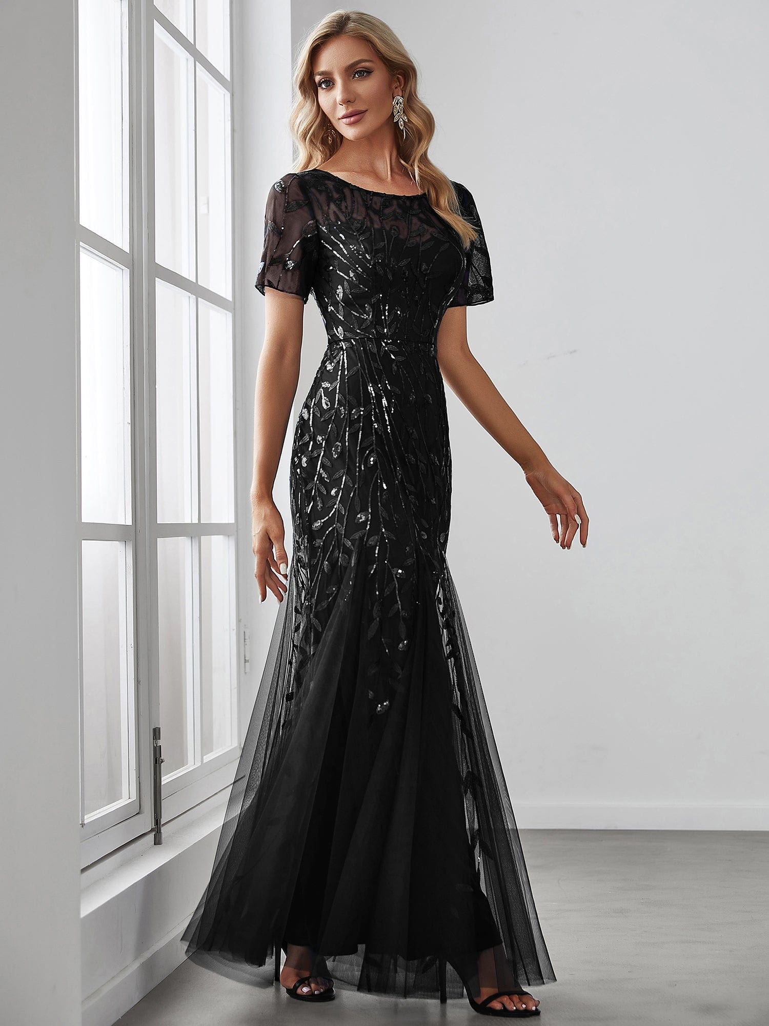 Floral Sequin Maxi Fishtail Tulle Prom Dress with Half Sleeve #Color_Black