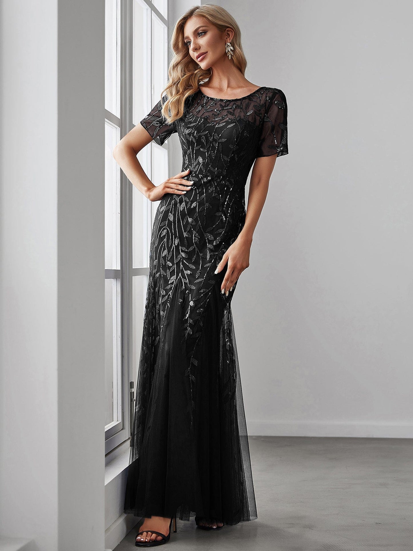 Floral Sequin Maxi Fishtail Tulle Prom Dress with Half Sleeve #Color_Black