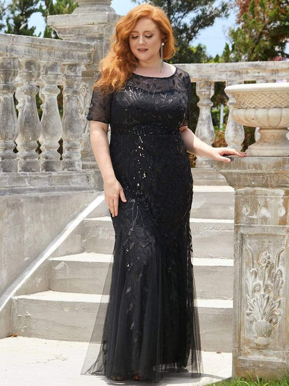 Floral Sequin Print Plus Size Mermaid Tulle Evening Dress #color_Black 