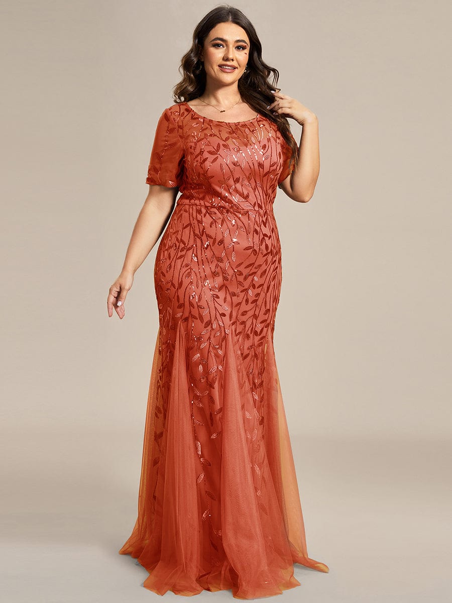 Custom Size Floral Sequin Maxi Fishtail Tulle Prom Dress #color_Burnt Orange