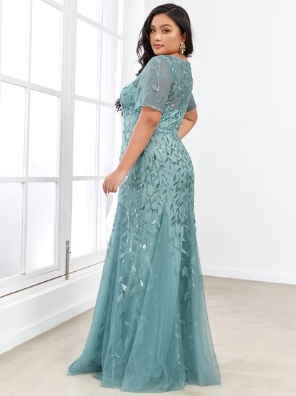 Custom Size Floral Sequin Maxi Fishtail Tulle Prom Dress #color_Dusty Blue