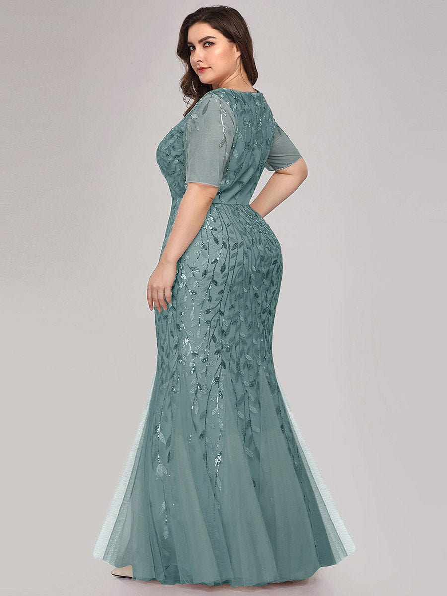 Floral Sequin Print Maxi Long Fishtail Tulle Dresses With Half Sleeve #Color_Dusty Blue