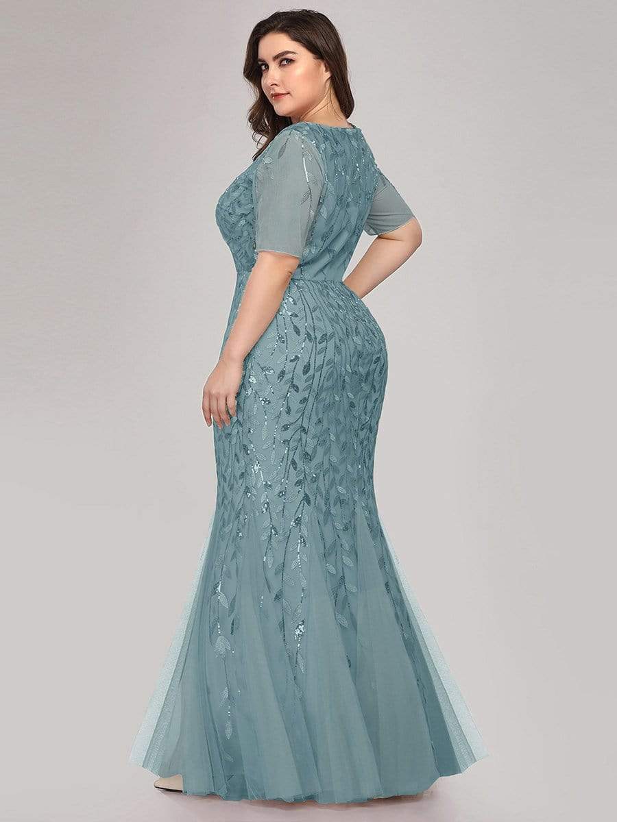 Floral Sequin Maxi Fishtail Tulle Prom Dress with Half Sleeve #Color_Dusty Blue