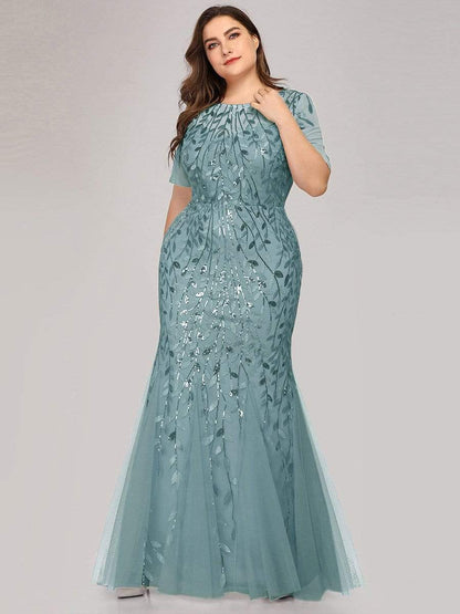 Floral Sequin Maxi Fishtail Tulle Prom Dress with Half Sleeve #Color_Dusty Blue