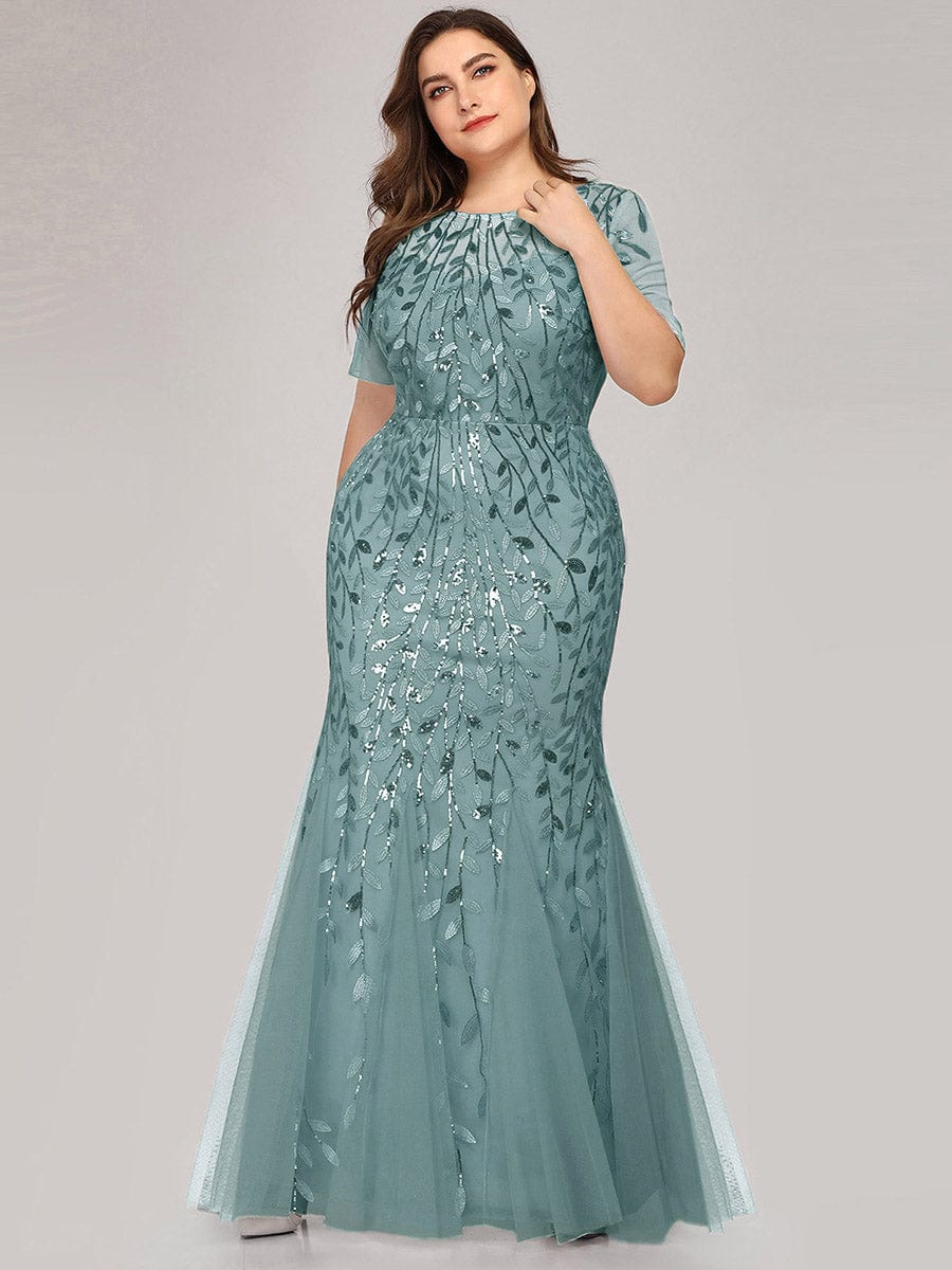 Floral Sequin Print Maxi Long Fishtail Tulle Dresses With Half Sleeve #Color_Dusty Blue