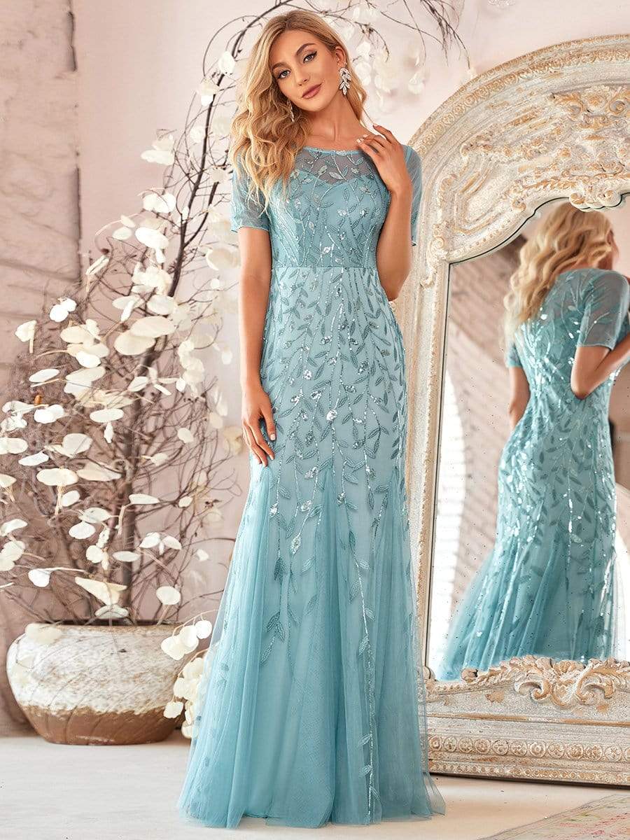 Floral Sequin Maxi Fishtail Tulle Prom Dress with Half Sleeve #Color_Dusty Blue