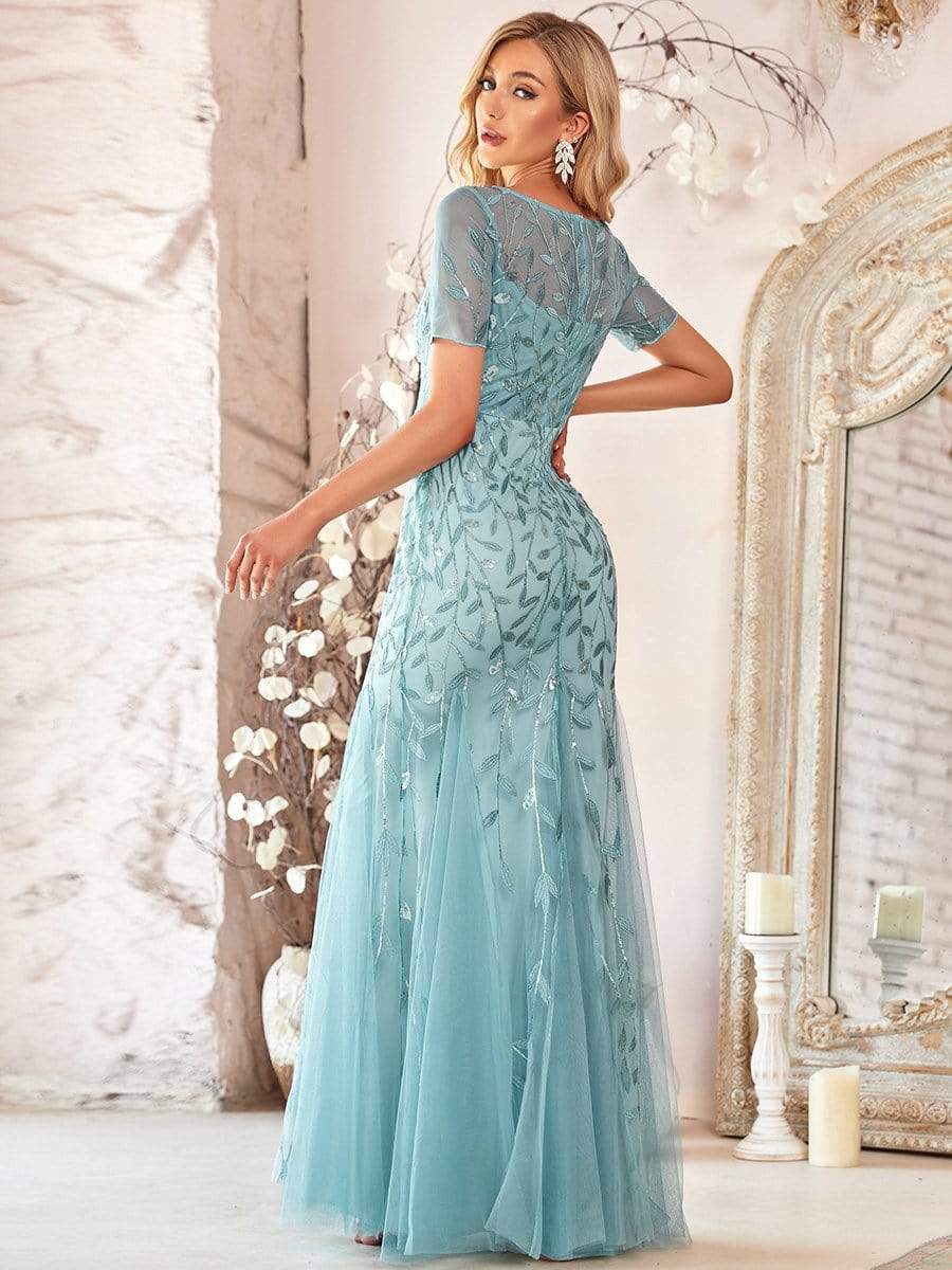 Floral Sequin Maxi Fishtail Tulle Prom Dress with Half Sleeve #Color_Dusty Blue