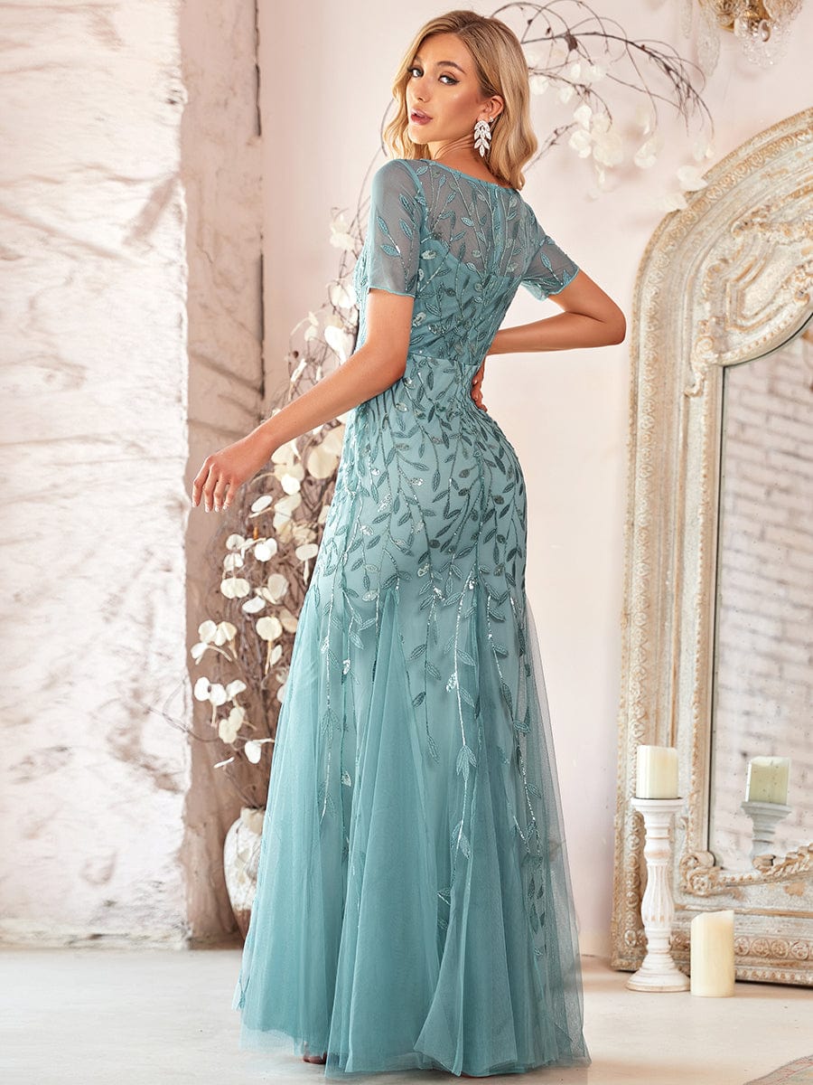 Floral Sequin Print Maxi Long Fishtail Tulle Dresses With Half Sleeve #Color_Dusty Blue