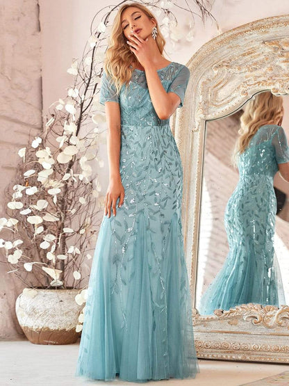 Floral Sequin Maxi Fishtail Tulle Prom Dress with Half Sleeve #Color_Dusty Blue