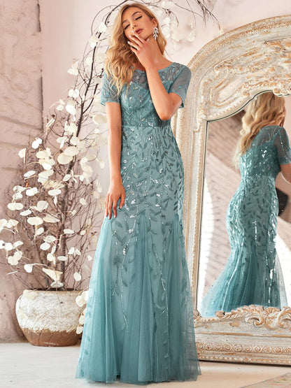 Floral Sequin Print Maxi Long Fishtail Tulle Dresses With Half Sleeve #Color_Dusty Blue