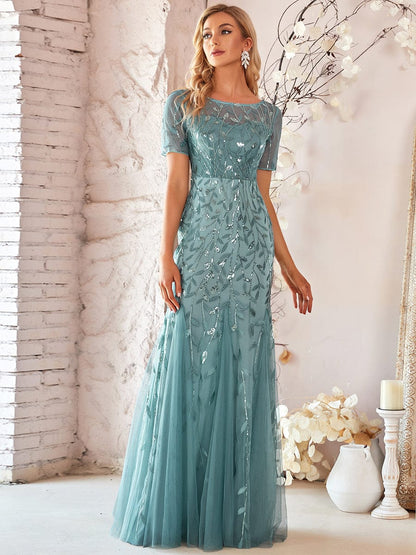 Floral Sequin Print Maxi Long Fishtail Tulle Dresses With Half Sleeve #Color_Dusty Blue