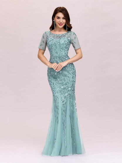 Floral Sequin Maxi Fishtail Tulle Prom Dress with Half Sleeve #Color_Dusty Blue