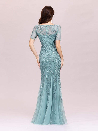 Floral Sequin Maxi Fishtail Tulle Prom Dress with Half Sleeve #Color_Dusty Blue