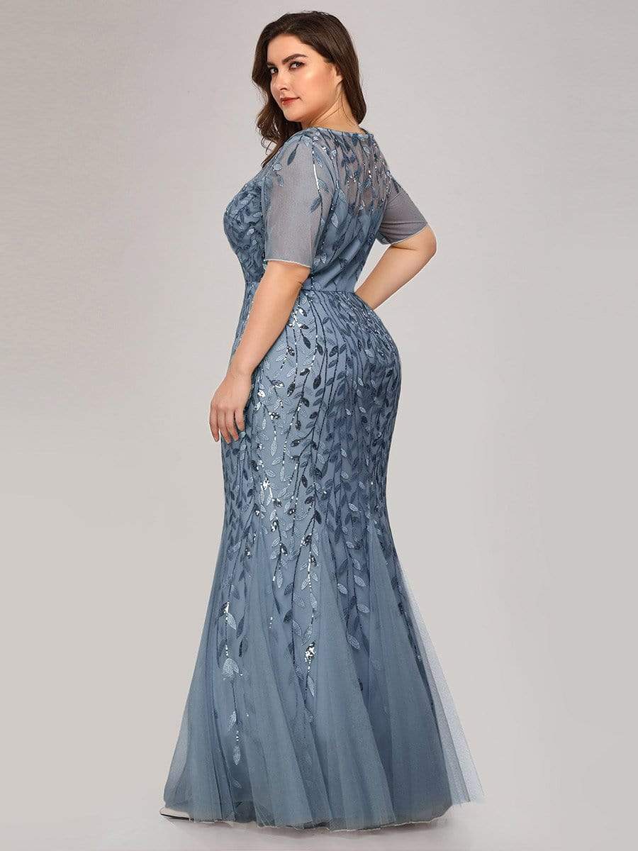 Floral Sequin Print Plus Size Mermaid Tulle Evening Dress #color_Dusty Navy 