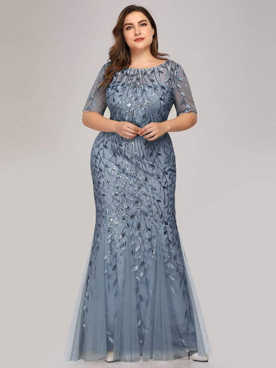 Floral Sequin Print Plus Size Mermaid Tulle Evening Dress #color_Dusty Navy 