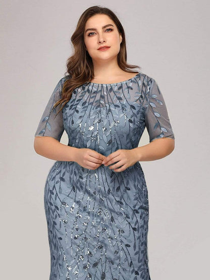 Floral Sequin Print Plus Size Mermaid Tulle Evening Dress #color_Dusty Navy 