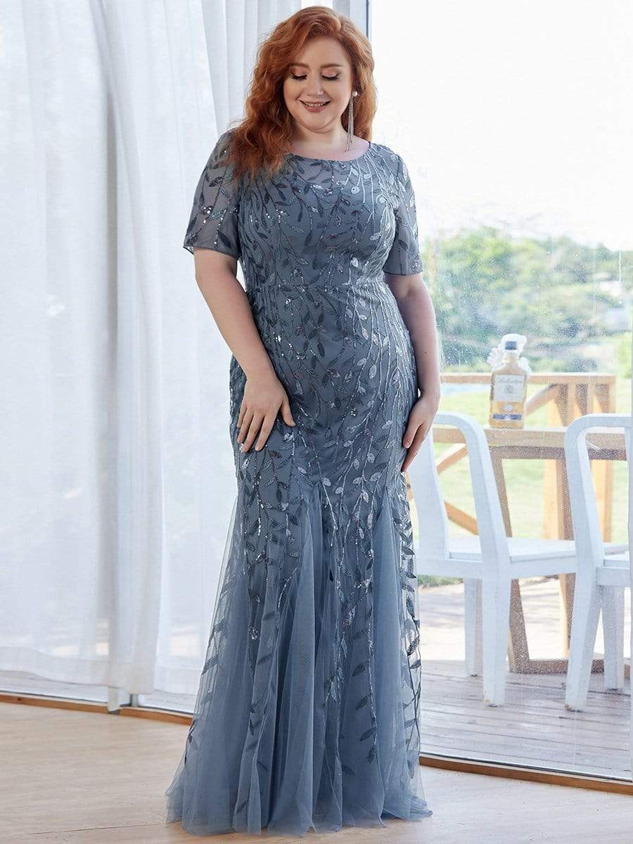 Floral Sequin Print Plus Size Mermaid Tulle Evening Dress #color_Dusty Navy 