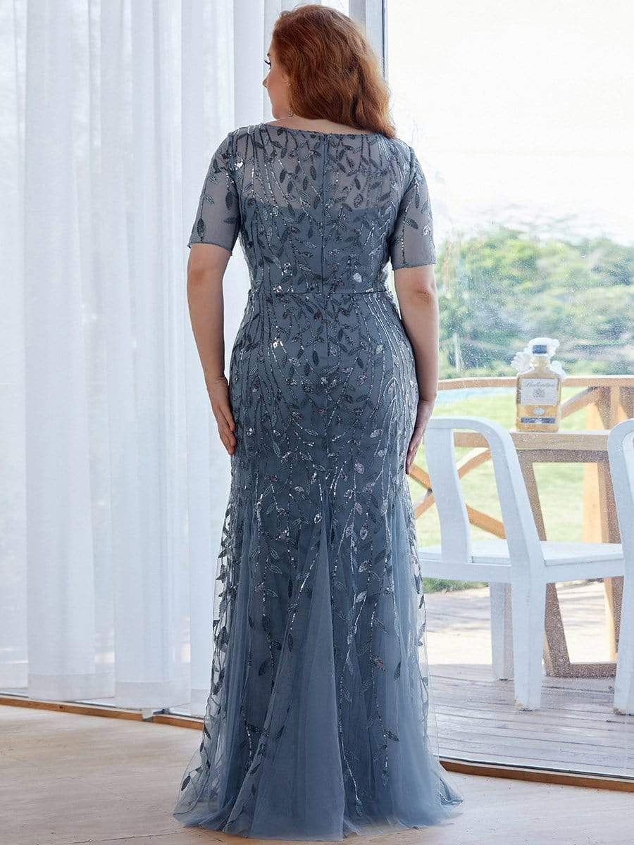 Floral Sequin Print Plus Size Mermaid Tulle Evening Dress #color_Dusty Navy 