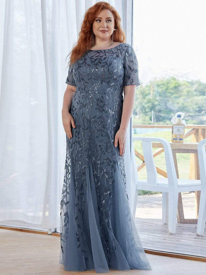 Floral Sequin Print Plus Size Mermaid Tulle Evening Dress #color_Dusty Navy 