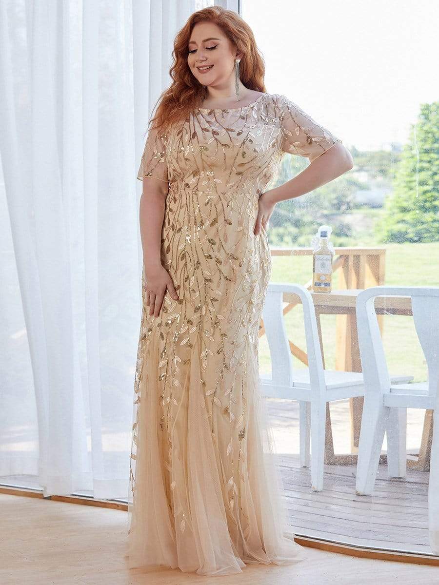 Floral Sequin Print Plus Size Mermaid Tulle Evening Dress #color_Gold 