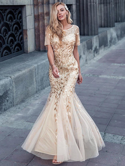 Floral Sequin Maxi Fishtail Tulle Prom Dress with Half Sleeve #Color_Gold