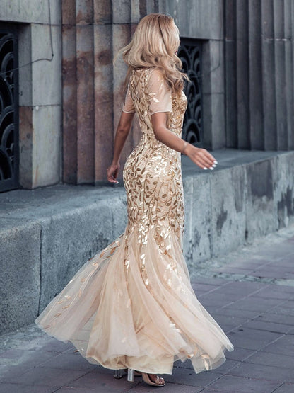 Floral Sequin Maxi Fishtail Tulle Prom Dress with Half Sleeve #Color_Gold