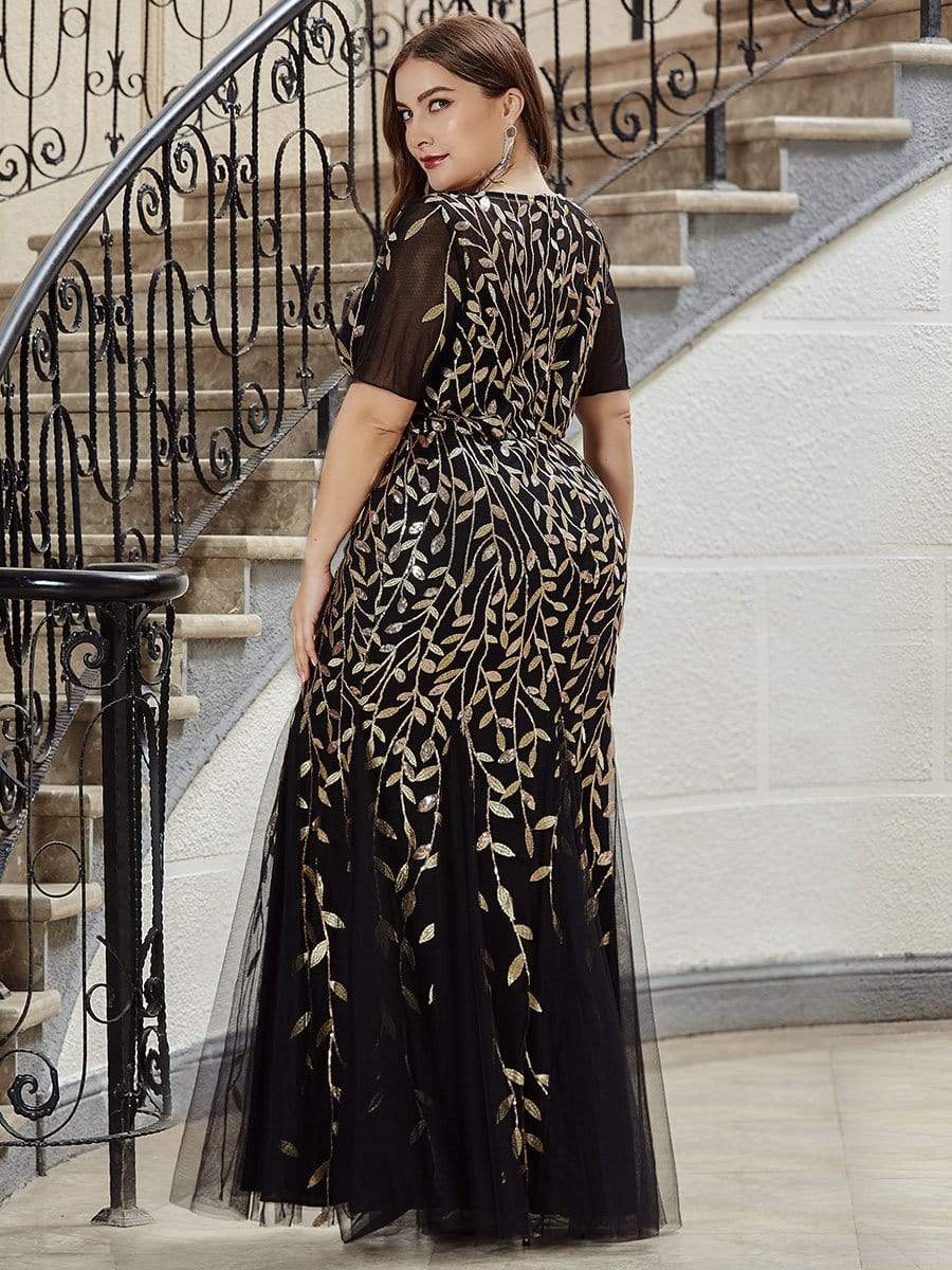 Floral Sequin Print Plus Size Mermaid Tulle Evening Dress #color_Black & Gold 