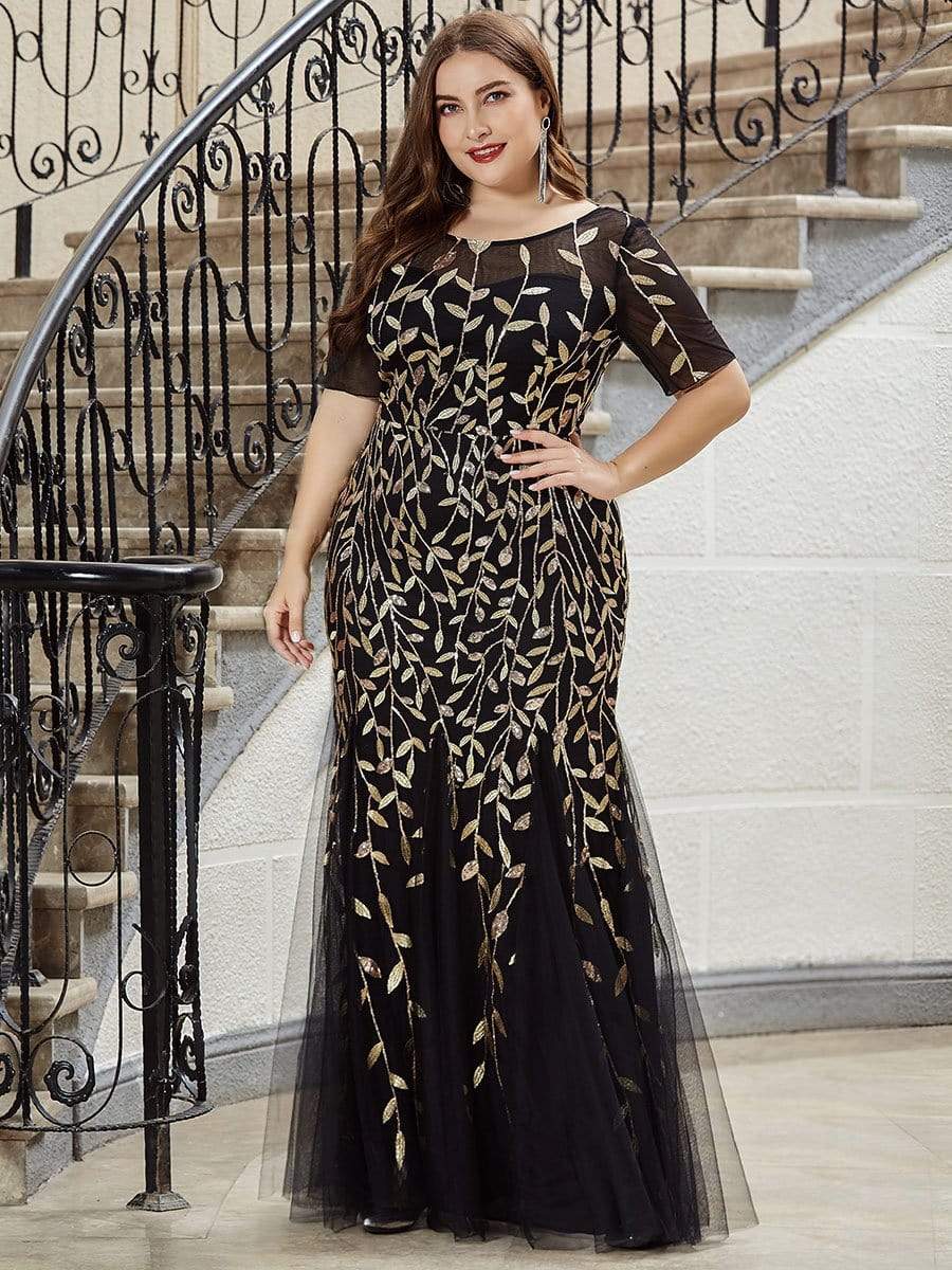 Floral Sequin Print Plus Size Mermaid Tulle Evening Dress #color_Black & Gold 