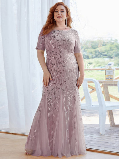 Floral Sequin Print Maxi Long Fishtail Tulle Dresses With Half Sleeve #Color_Lilac