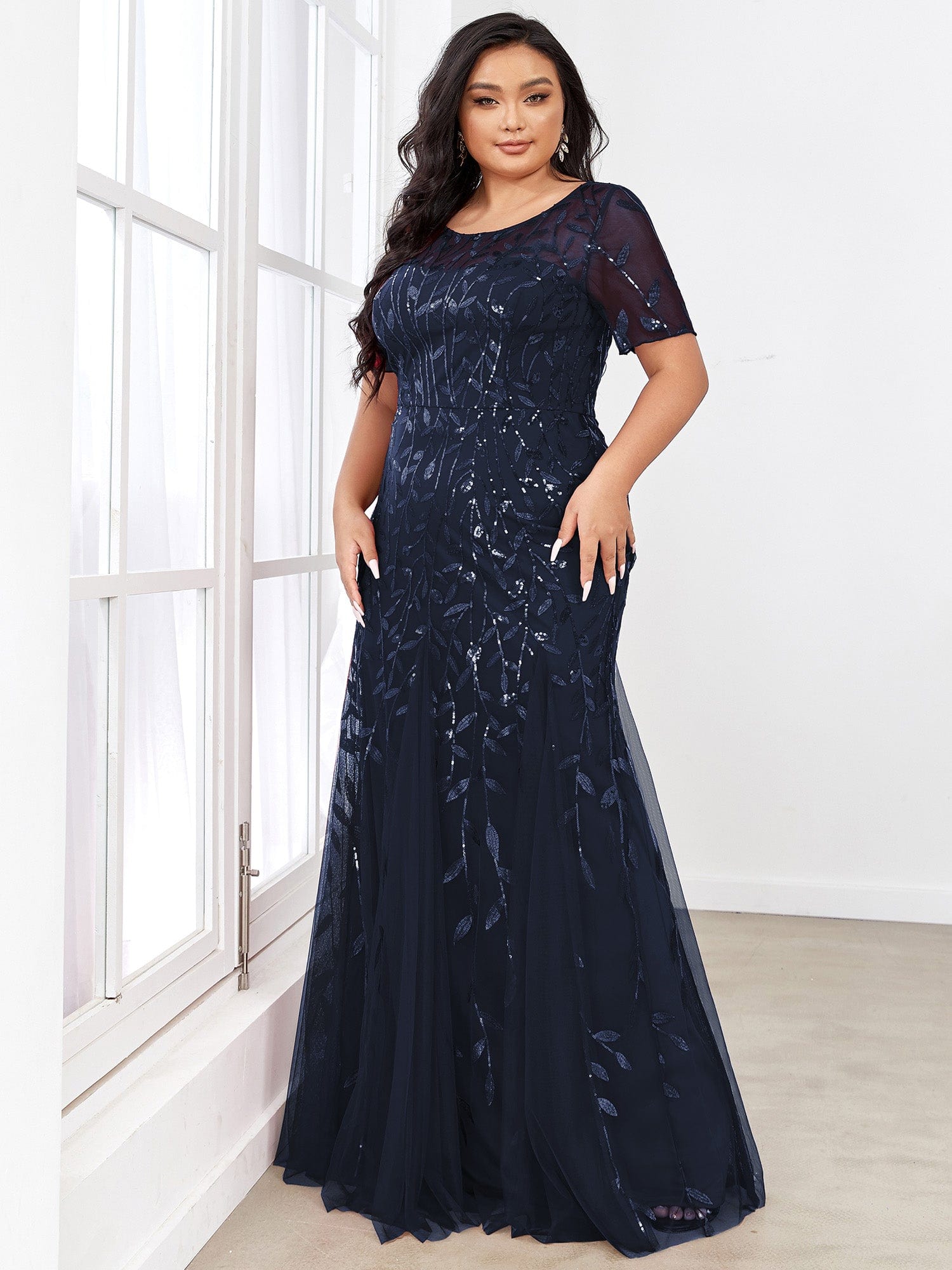 Custom Size Floral Sequin Maxi Fishtail Tulle Prom Dress #color_Navy Blue