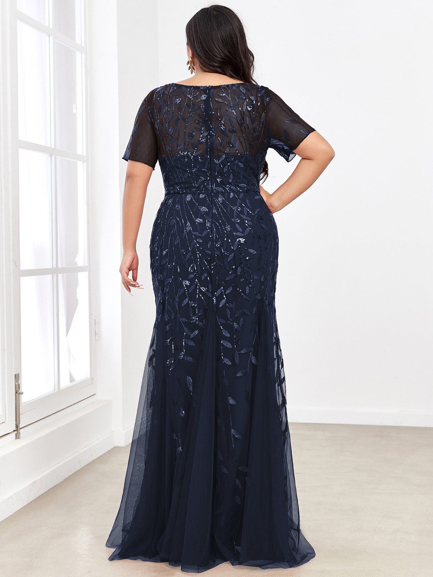 Custom Size Floral Sequin Maxi Fishtail Tulle Prom Dress #color_Navy Blue