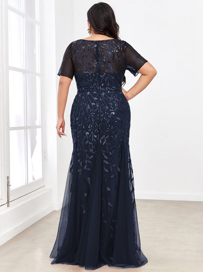 Custom Size Floral Sequin Maxi Fishtail Tulle Prom Dress #color_Navy Blue