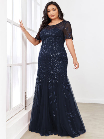 Custom Size Floral Sequin Maxi Fishtail Tulle Prom Dress #color_Navy Blue