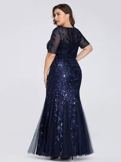 Floral Sequin Maxi Fishtail Tulle Prom Dress with Half Sleeve #Color_Navy Blue