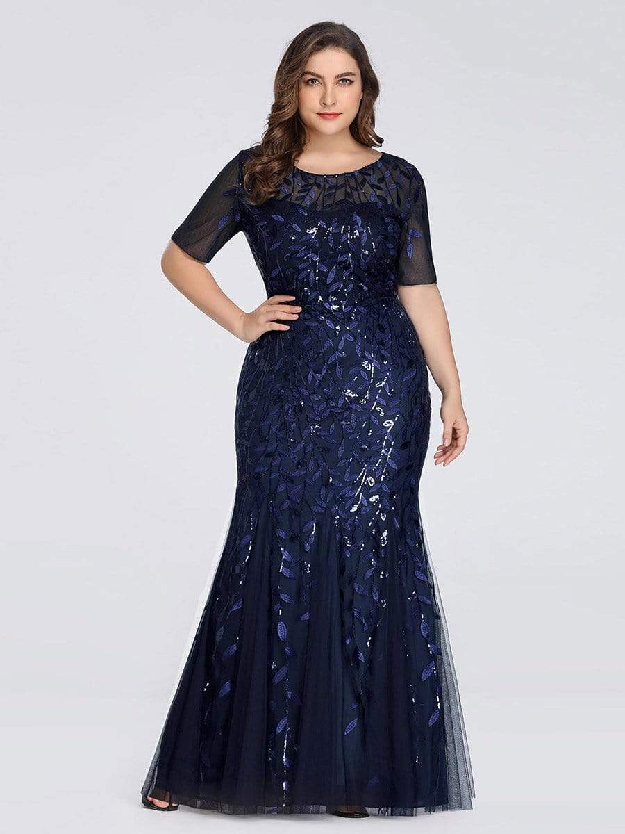 Floral Sequin Maxi Fishtail Tulle Prom Dress with Half Sleeve #Color_Navy Blue