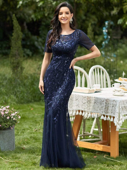 Floral Sequin Maxi Fishtail Tulle Prom Dress with Half Sleeve #Color_Navy Blue