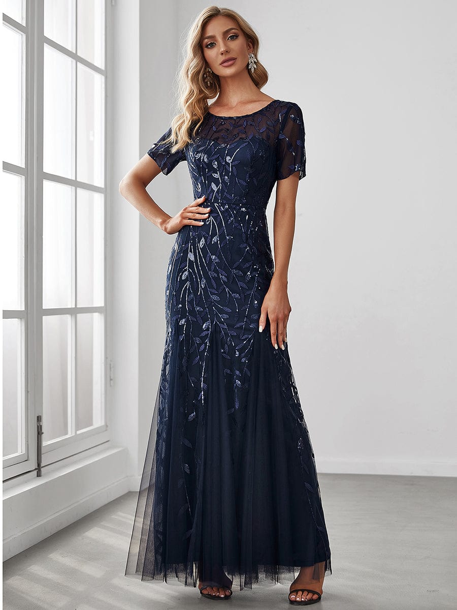 Floral Sequin Maxi Fishtail Tulle Prom Dress with Half Sleeve #Color_Navy Blue