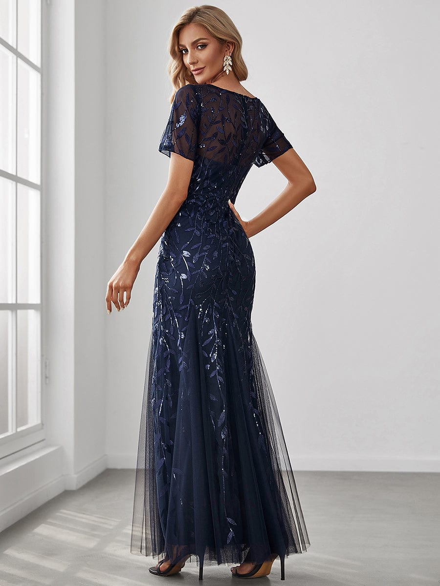 Floral Sequin Maxi Fishtail Tulle Prom Dress with Half Sleeve #Color_Navy Blue