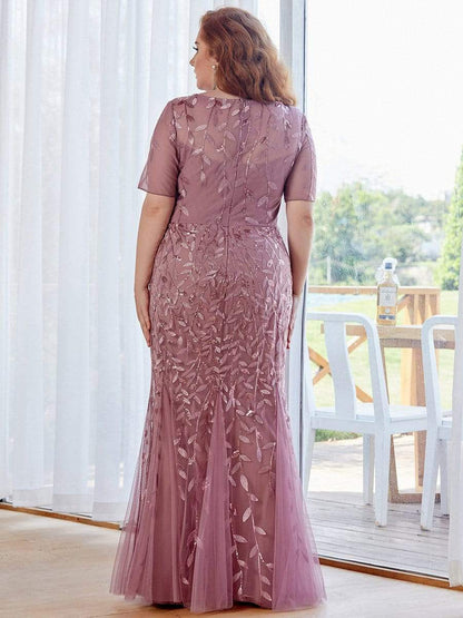 Floral Sequin Print Plus Size Mermaid Tulle Evening Dress #color_Purple Orchid 