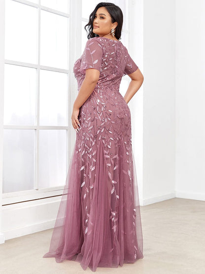 Floral Sequin Print Maxi Long Fishtail Tulle Dresses With Half Sleeve #Color_Purple Orchid