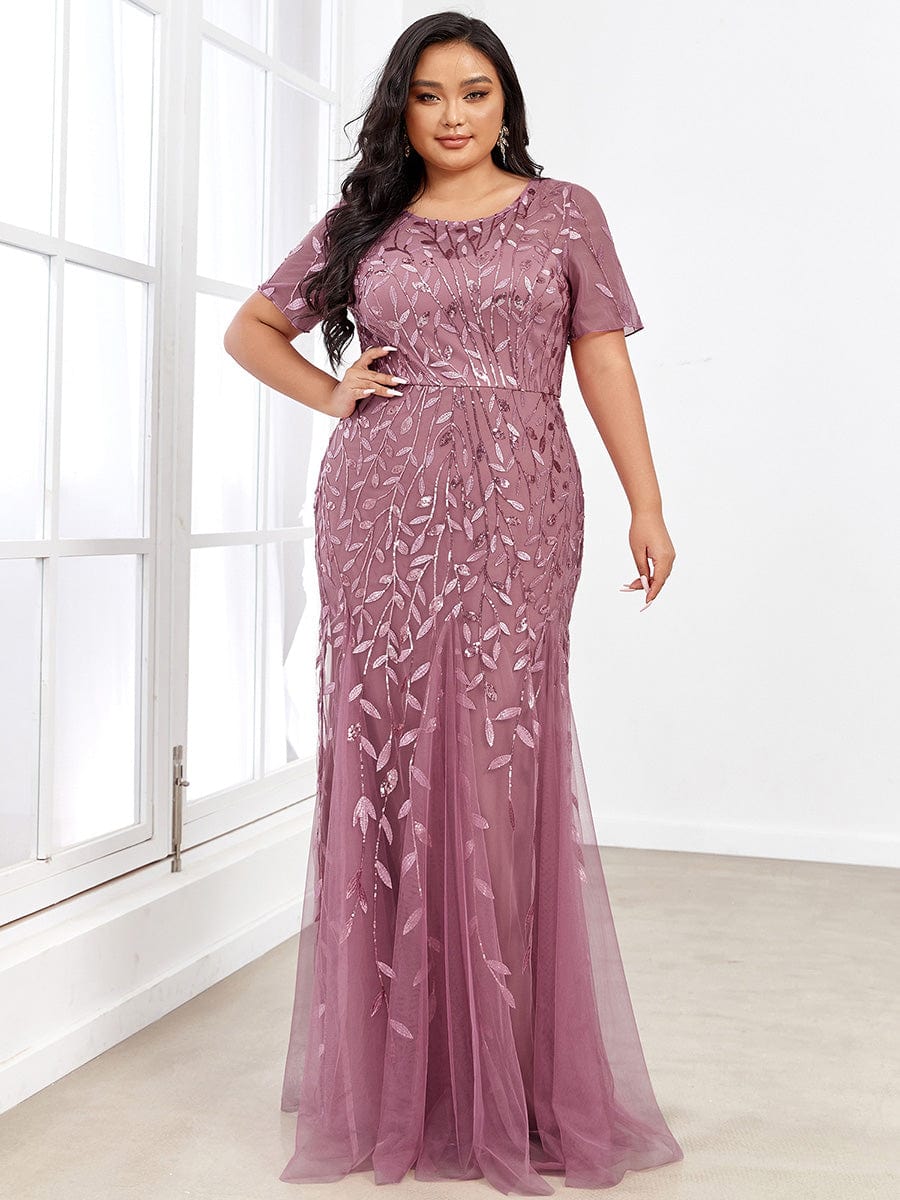 Floral Sequin Print Maxi Long Fishtail Tulle Dresses With Half Sleeve #Color_Purple Orchid