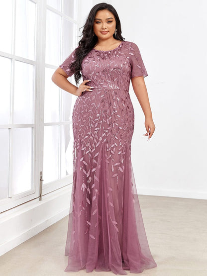 Floral Sequin Print Maxi Long Fishtail Tulle Dresses With Half Sleeve #Color_Purple Orchid