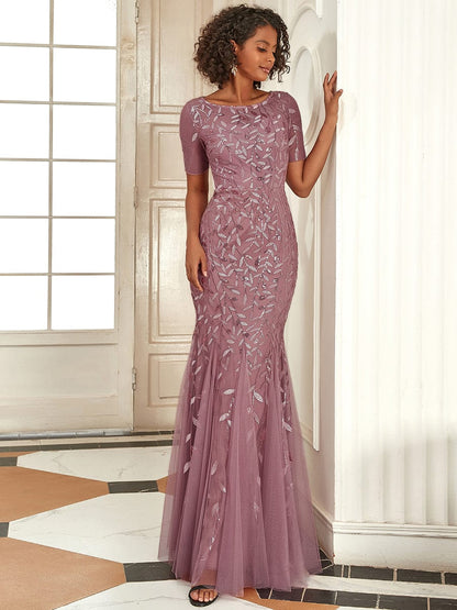 Floral Sequin Print Maxi Long Fishtail Tulle Dresses With Half Sleeve #Color_Purple Orchid