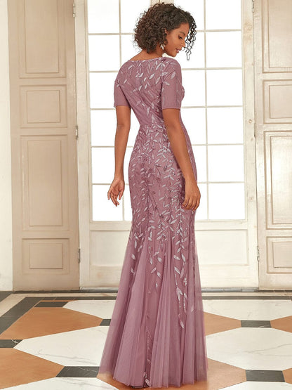 Floral Sequin Print Maxi Long Fishtail Tulle Dresses With Half Sleeve #Color_Purple Orchid