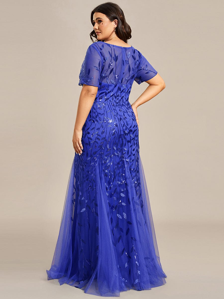 Custom Size Floral Sequin Maxi Fishtail Tulle Prom Dress #color_Sapphire Blue