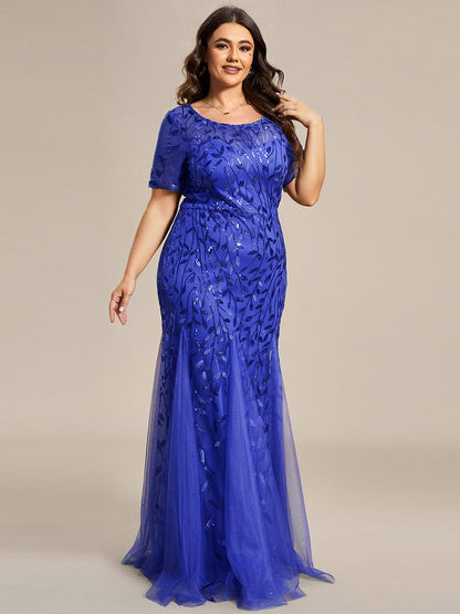 Custom Size Floral Sequin Maxi Fishtail Tulle Prom Dress #color_Sapphire Blue